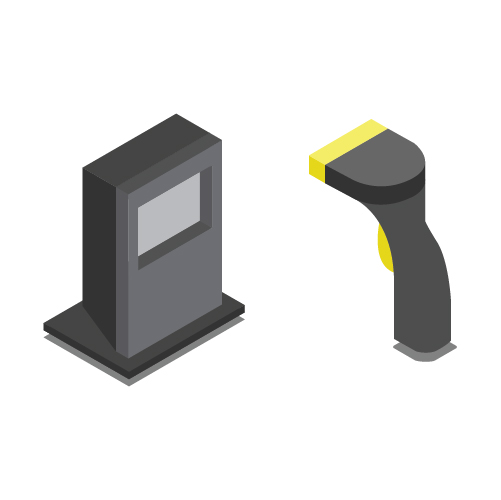 Isometric illustration of handheld and stationary barcode scanners.