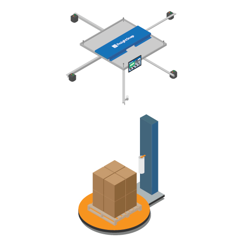 Isometric FS 5000 Pallet Dimensioner over palletized freight on a pallet wrapper